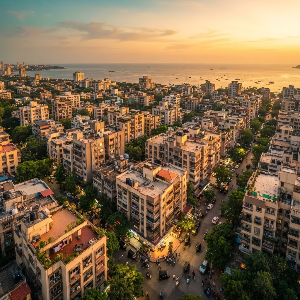 Aerial view of a Mumbai residential neighborhood at golden hour